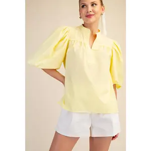 China Collar V-Neck Bubble Sleeve Poplin Top: Butter Yellow