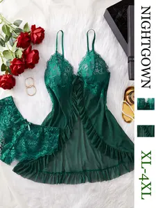 🔥Plus Size Emerald Lace Nightgown & Matching Panties Set | XL-4XL Sexy Sleepwear for Curvy Girls | Green Lingerie Nightdress✨ Underwear plussizefashion #nightgown #lazysunday #curvyfashion #lace lingerie #sleepwear #green aesthetic #bigsizebeauty