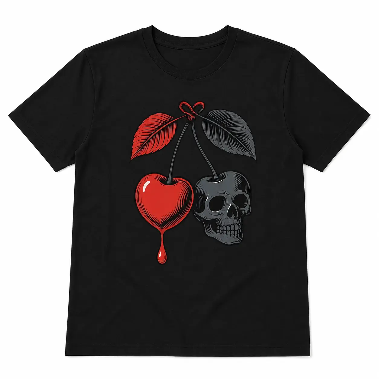 Women'S Gothic Cherry & Skull Graphic T-Shirt - Maroon & Black Contrast Short Sleeve Top with Red Fruit & Bone Design, Medium Stretch Round Neck Casual Tee for Spring Summer Fall, Machine Washable Regular Fit Gothic Everyday Shirt