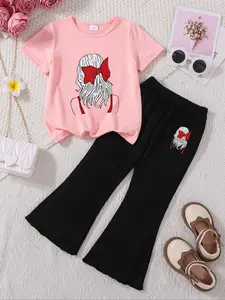 Girls Summer Set, Cute Bow Print, Short Sleeve T-Shirt & Elastic Waist Pants, Perfect for School & Playdates