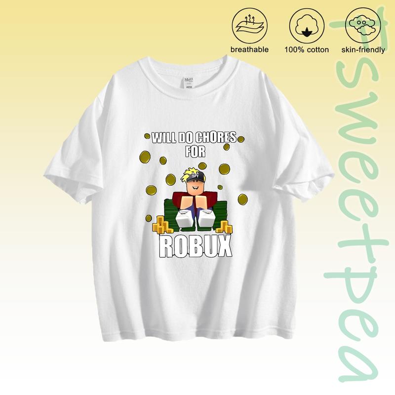 Pink Crew Neck Short Sleeve T Shirt With Roblox Character And Will Do Chores For Robux Graphic Print Soft Breathable 100 Cotton Skin Friendly Casual Top For Spring Summer Everyday Wear Vacation Outfit Student Comfortable