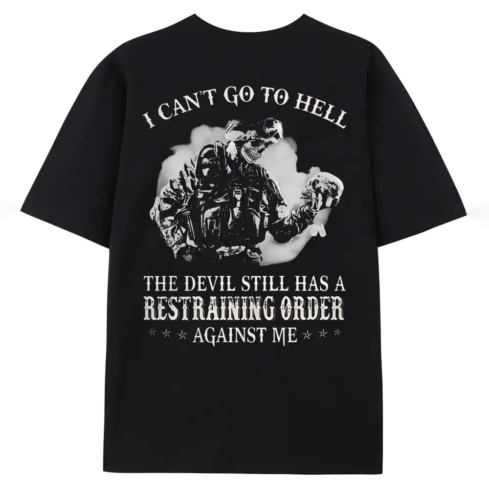 Women's Casual Cotton Short-Sleeve Skull Tee Style T-Shirt - Classic Round Neck, Ribbed Solid Knit, Seamless, Elastic Fit, Smooth Fabric, Tactical Military Graphic Top for Veterans, "I Can’t Go to Hell The Devil Still Has a Restraining Order Against Me"