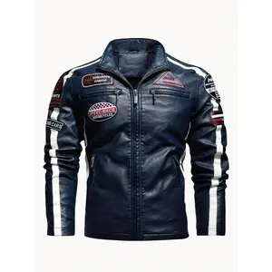 Men's long sleeved zipper motorcycle jacket, stand up collar splicing, fashionable and unique, suitable for autumn and winter casual wear top, black men's Coats lawnRAIMENTRY