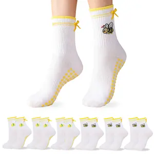 Yoga Socks for Women – White Mid-Calf, Lemon & Bee Design, Non-Slip for Fitness & Pilates Workouts cute barre slipper