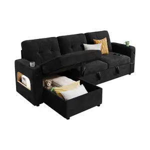 Modular Sofa with Storage, 107" Sleeper Sofa Bed Sectional Cloud Couch, u-Shaped Velvet Fabric Couch with USB Charging & Cup Holder for Living Room, Apartment, Office, Dark Grey