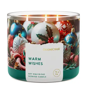 GooseCreek Warm Wishes 3-Wick Candle 14.5 oz Soy Wax Blend Scented with Festive Ornaments Design for Cozy Ambiance