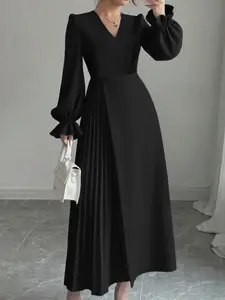 Women's V-Neck Long Sleeve Lantern Sleeves Dress, Womenswear, Elegant Office Wear, Slim-Fitting Design, Plain Color, Perfect for Daily Use