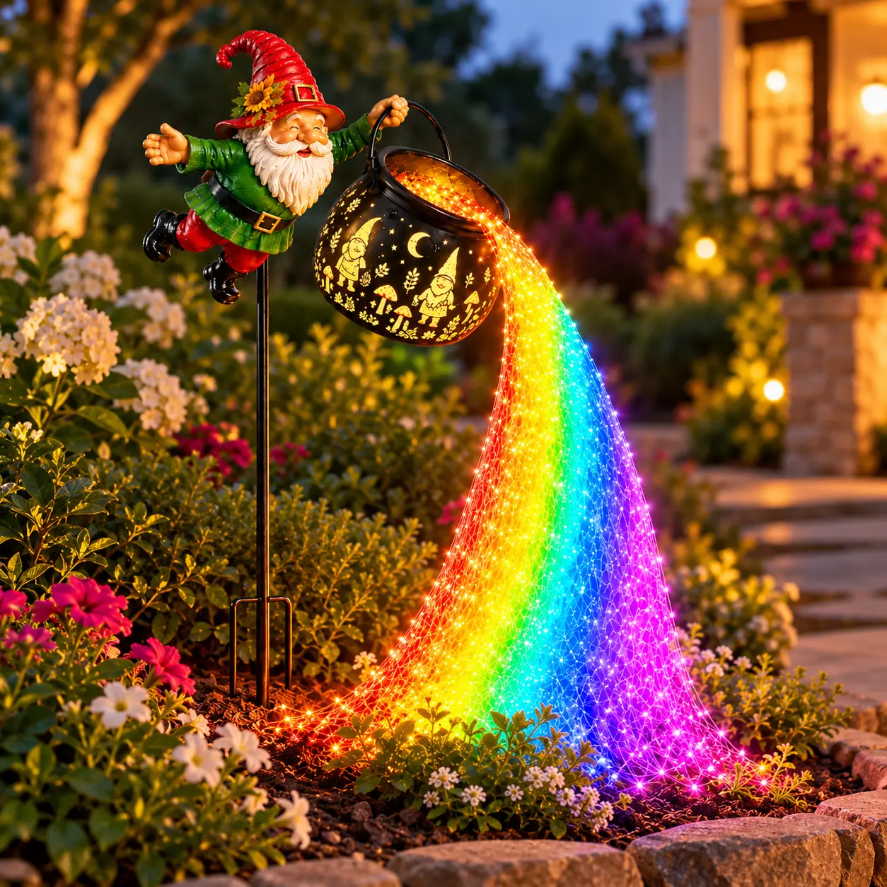 Garden Gnome Stake Light with Tipping Pot and Rainbow Waterfall String Lights, Red Hat Gnome Figurine in Green Outfit, Decorative Outdoor Yard Ornament for Flower Beds, Lawn Borders or Garden Paths, Whimsical Fairy Garden Accent and Gift for Garden Lovers