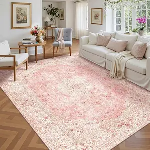 Vintage Washable Pink Rugs for Living Room, Dining Room, Girls Bedroom, Kitchen, Soft Cute Rug For Kids Nursery, Classroom, Playroom,Non Slip Low Pile Carpets For Office