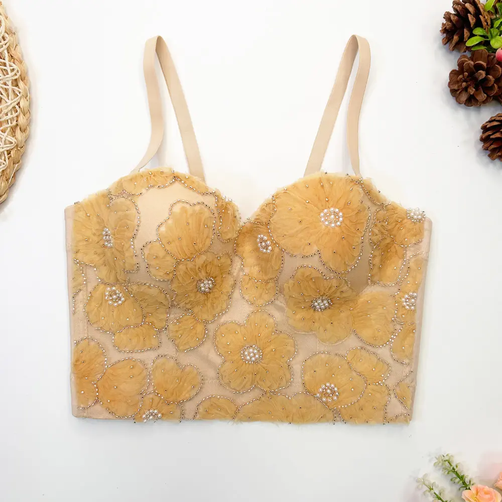 Boned Corset  - Lace Embroidered Bustier with Removable Straps & Padded Push-Up for Layering