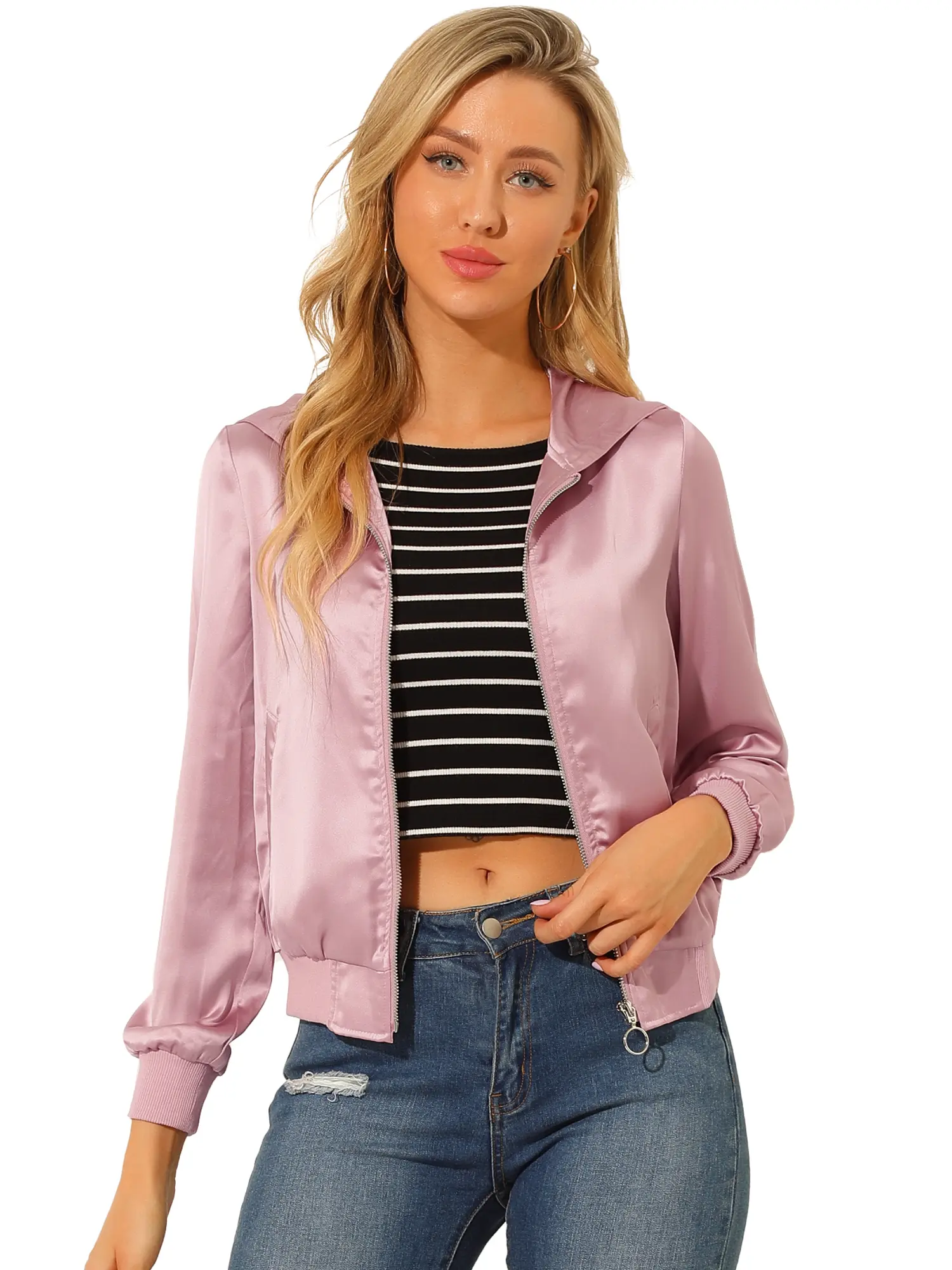 INSPIRE CHIC Casual Zipper Front Satin Lightweight Bomber Jacket