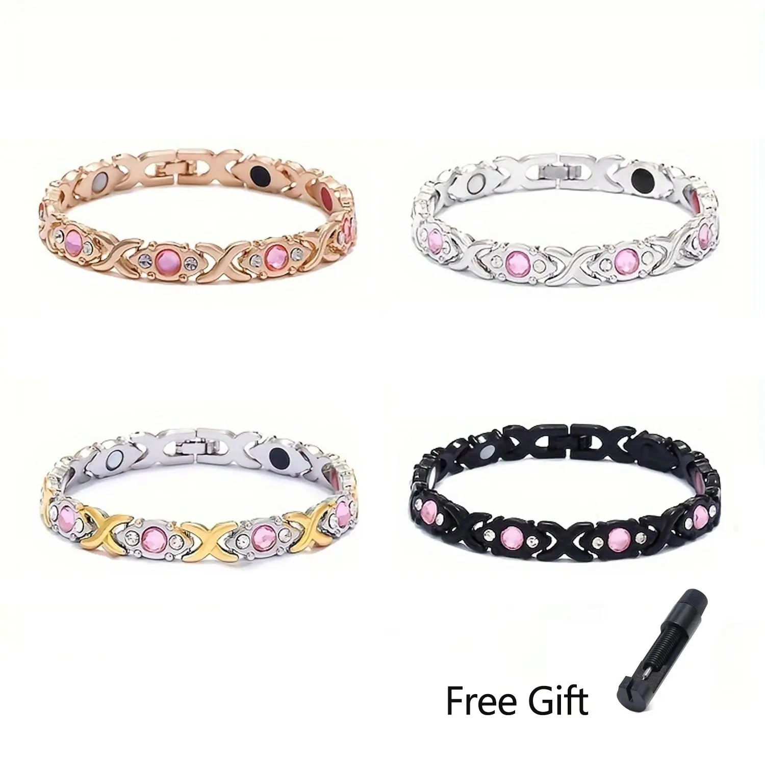 Rose Gold Magnetic Bracelet for Women, Crystal Stainless Steel Adjustable Wristband, Hypoallergenic Jewelry for Daily Wear, Wedding Gift, Female, Neodymium Magnet, Eco-Friendly, Crystal Accents, Adults, Natural Energy, 3500 Gauss