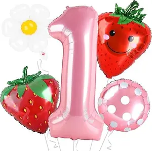 5Pcs Berry First Birthday Party Supplies 40 Inch Pink One Balloon for Girls Birthday Party Decorations Strawberry Balloons Backdrops Set Aluminum