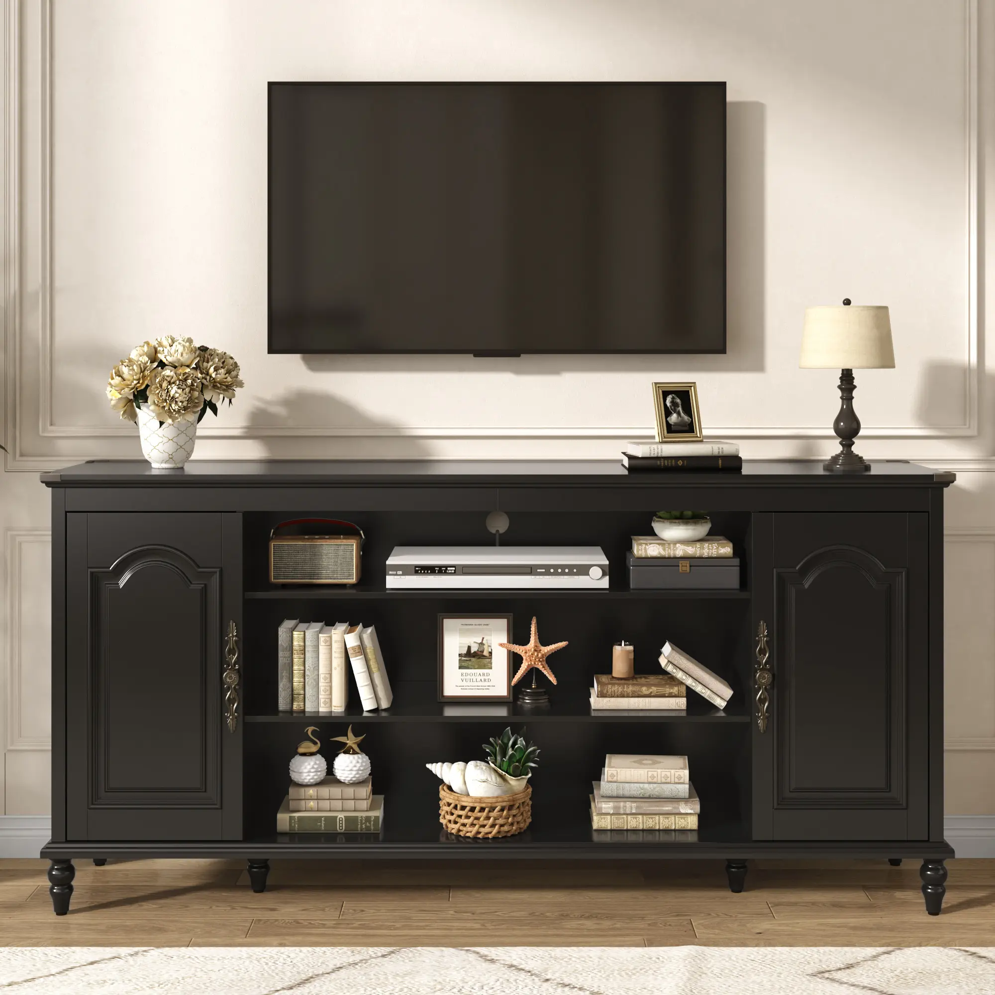70-Inch Modern Farmhouse TV Stand Entertainment Center - Engineered Wood with Gourd Legs, Carved Panels, Adjustable Shelves, Optional Fireplace Insert, Fits Up To 80-Inch TVs