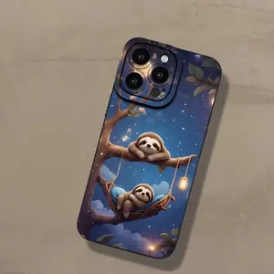 Simple Printed Mobile Phone Case with Cute Cartoon Sloth and Beautiful Night Sky, Classic Matte Black Mobile Phone Case Suitable for iPhone 16/15/14/13/12/11/X/XR/XS/8/7/SE Mini Plus Pro Max Series Full Wrap Protection Mobile Phone Case
