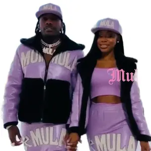 Mula Leather & Co. Lavender & Black Leather Jacket & Pants Set with Black Fur Collar for Men & Women Urban Opulence Fitted Long Sleeve Top Suit Elegance Matching Trouser Clothes