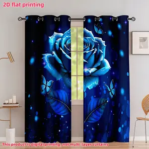 2D Flat 2Pcs Blue Rose & Butterfly Printed Window Curtains, Elegant Living Room Decor, Grommet Top Drapes for Bedroom, Home Office, Nursery, Anti-Privacy Semi-Sheer Panels, Home Decoration Curtain