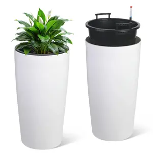 30 Inch Tall Plant Pots Set of 2, Self Watering Pots with Drain Holes, Water Level Monitor & Inner Bucket, Planters for Indoor Outdoor Plants Large Flower Pots for Patio, Balcony, Living Room, White