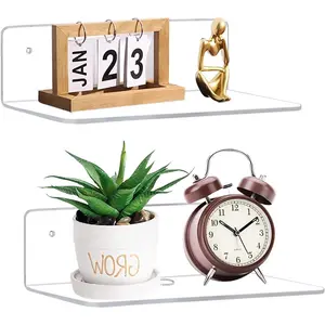 9 Inch Clear Acrylic Floating Shelf, No Drill Adhesive Wall Shelf Set of 2 for Storage, Floating Shelves Damage-Free Expand Wall Space for Living Room, Office, Gaming Room, Bathroom
