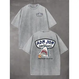 Unisex Ron Jon Surfboards Shark Graphic Washed Tee| 100% Premium Cotton| Oversized Relaxed Fit| Retro Beach Surf Aesthetic| Y2K Casual Streetwear| Trendy Summer Vacation Top graphic tee