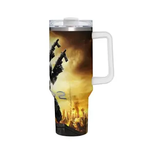 Halo 2 Anniversary Master Chief Sci-Fi Tumbler with City Skyline Artwork and Ergonomic Anti-Slip Handle, Insulated Travel Mug for Gaming Fans Daily Commute