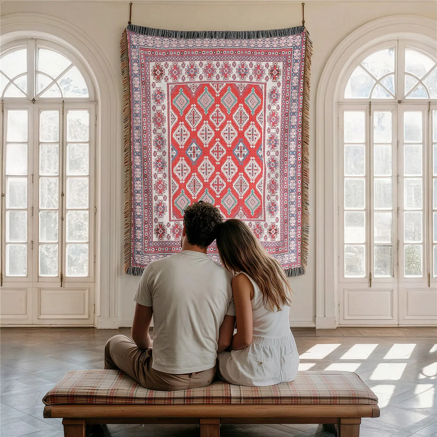 Red Geometry Pattern Home Decor Yarn Woven Wall Art Tapestry for Bedroom Dorm Living Room- with Fringe Tassels Not Printed - Multipurpose Design Soft Boho H Chair Couch Bed Cover Throw Towel Slipcover Travel Garden Outdoor Camping Picnic Beach
