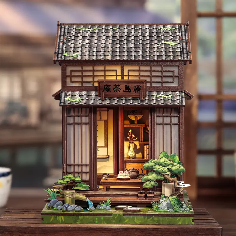 Japanese Tea House Book Nook Kit, DIY Miniature House with LED Light, Wooden Dollhouse, Bookshelf Insert, Handmade Gift