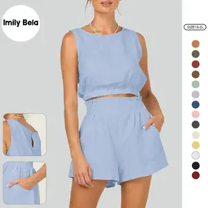 Imily Bela Women's 2pcs Summer Outfits Sleeveless Crop Tank Top and High Waist Pocketed Shorts Loose 2 Piece Short Sets