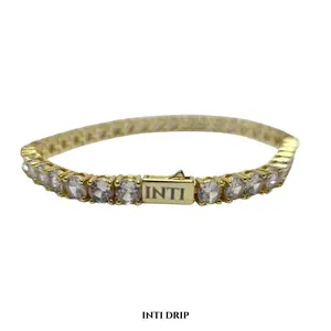 INTI SOLIS Tennis Bracelet 18K Gold Plated Hand Set 5A Crystals 7mm Width 7/8 Length Secure Push In Locking Sweat Splash Resistant