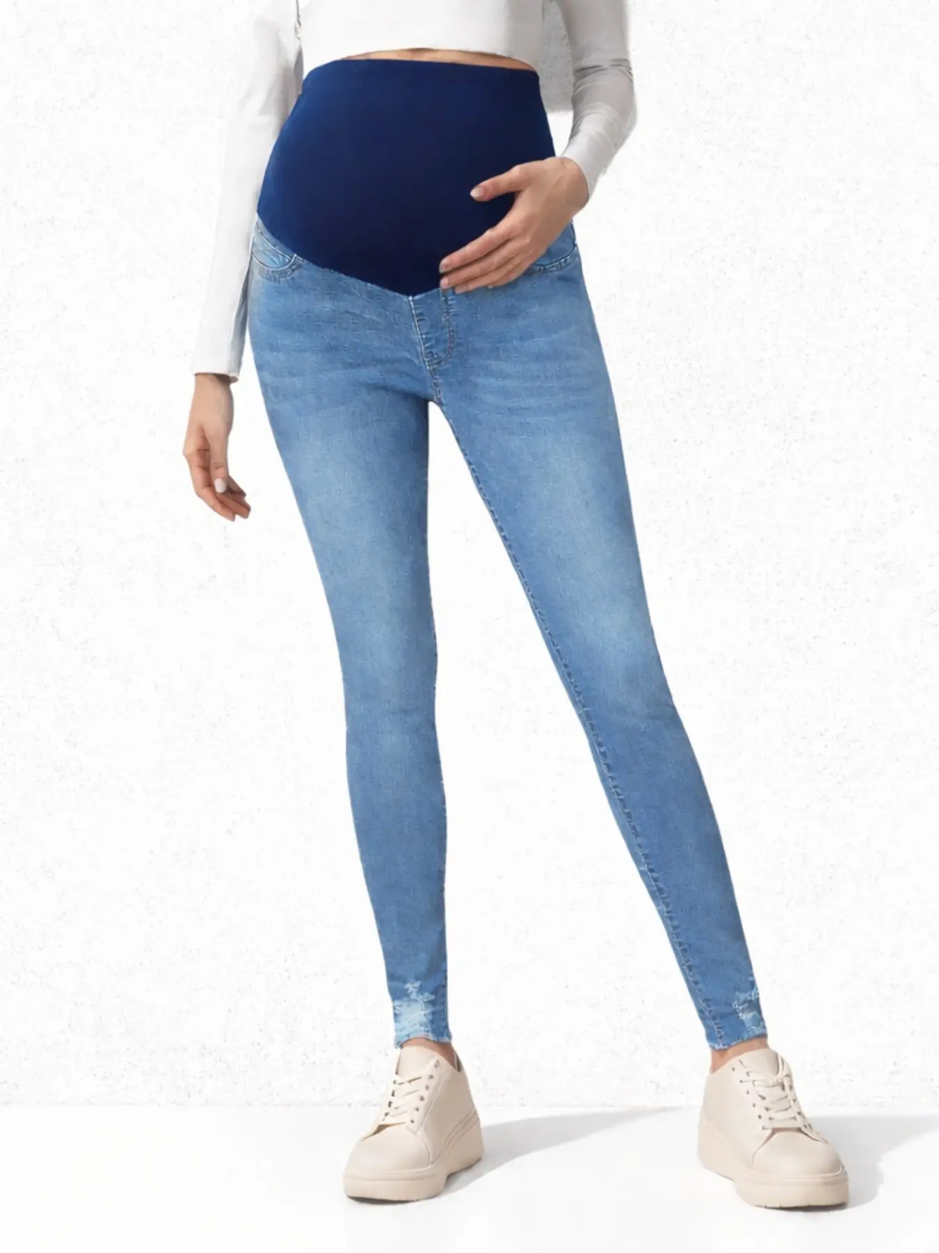 Light Blue Pregnant Jeans, Maternity Clothing, Maternity Apparel, Pregnancy Clothes, Mid-Waist Elastic Waistband, Loose Fit, Casual Style, All-Season Wear, Slimming Effect, Skinny Leg Pants