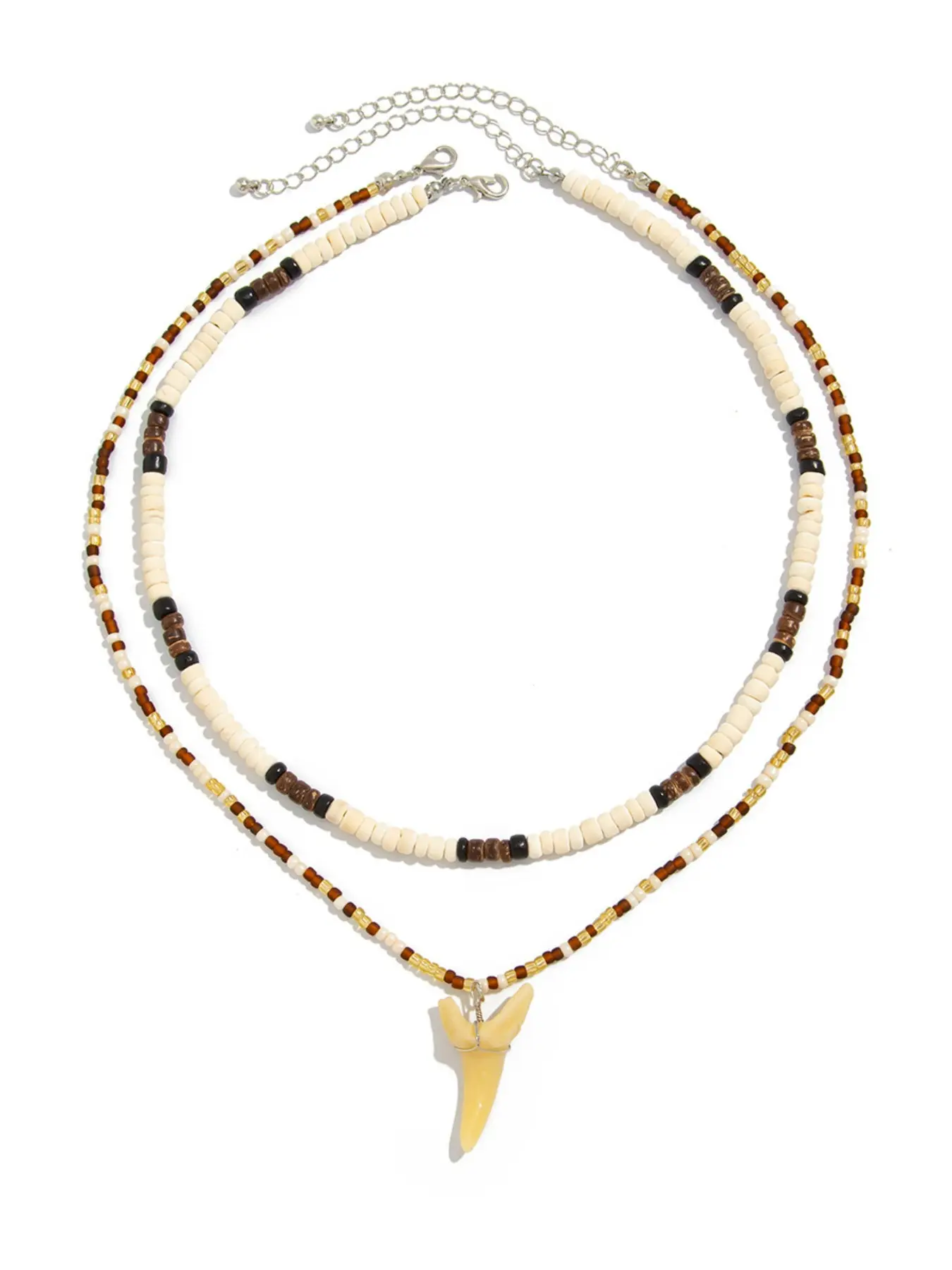 Fashion Unique Realistic Shark Tooth Pendant Necklace for Men, Animal Pendant Charm, Summer Coconut Shell Wood Beads Choker Chain Beaded Necklace