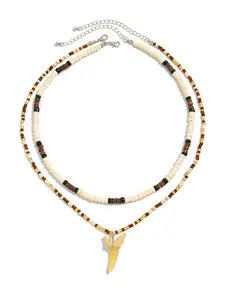 Fashion Unique Realistic Shark Tooth Pendant Necklace for Men, Summer Coconut Shell Wood Beads Choker Chain Beaded Necklace