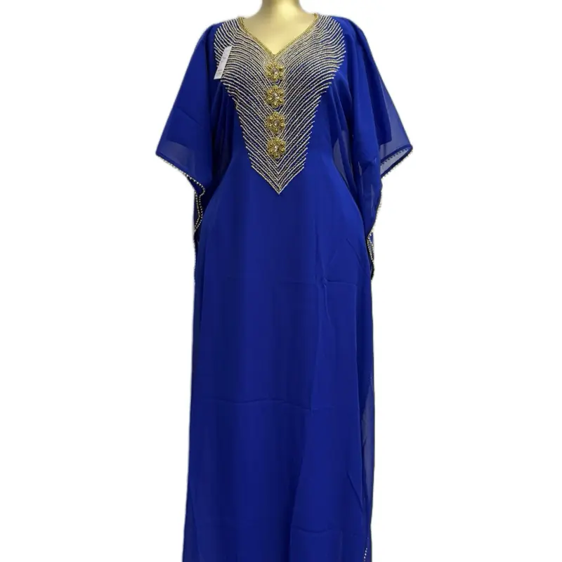 ROYAL BLUE EMBELLISHED CHIFFON KAFTAN with Gold Beaded Neckline and Elegant Flowing Sleeves for Special Occasions