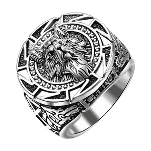 OIDEA Men's Viking Fenrir Wolf Head Ring - Nordic Norse Mythology Rune, Vintage Finish Punk Look Silver Band, Size 7-13 Viking Accessory Costume Jewelry summerwins