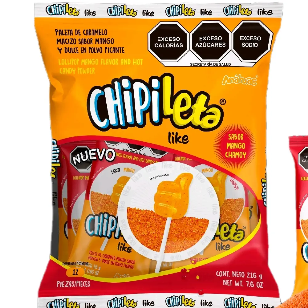 Chipileta Like, Lollipop Mango Flavor And Hot Candy Powder bag with 12 pieces