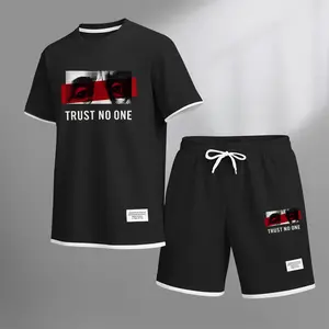 Men's Trust On Me Print Waffle Fabric Short-Sleeved Shirt And Shorts Set Casual Polyester