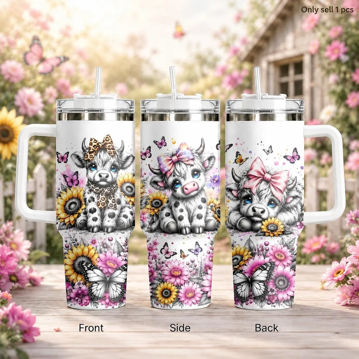 GuLuBoo Highland Cow with Flowers Vacuum Flasks 40oz Stainless Steel Insulated Tumbler, Leak-proof Travel Mug with Straw, Portable Water Bottle for Coffee, Gym & Office, Creative Drinkware Cup Ideal Holiday Gift