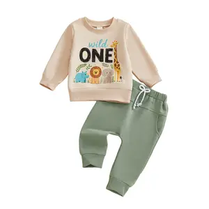 Baby Boys 2Pcs Birthday Pants Sets Long Sleeve O Neck Letter Animal Print Tops Drawstring Pants