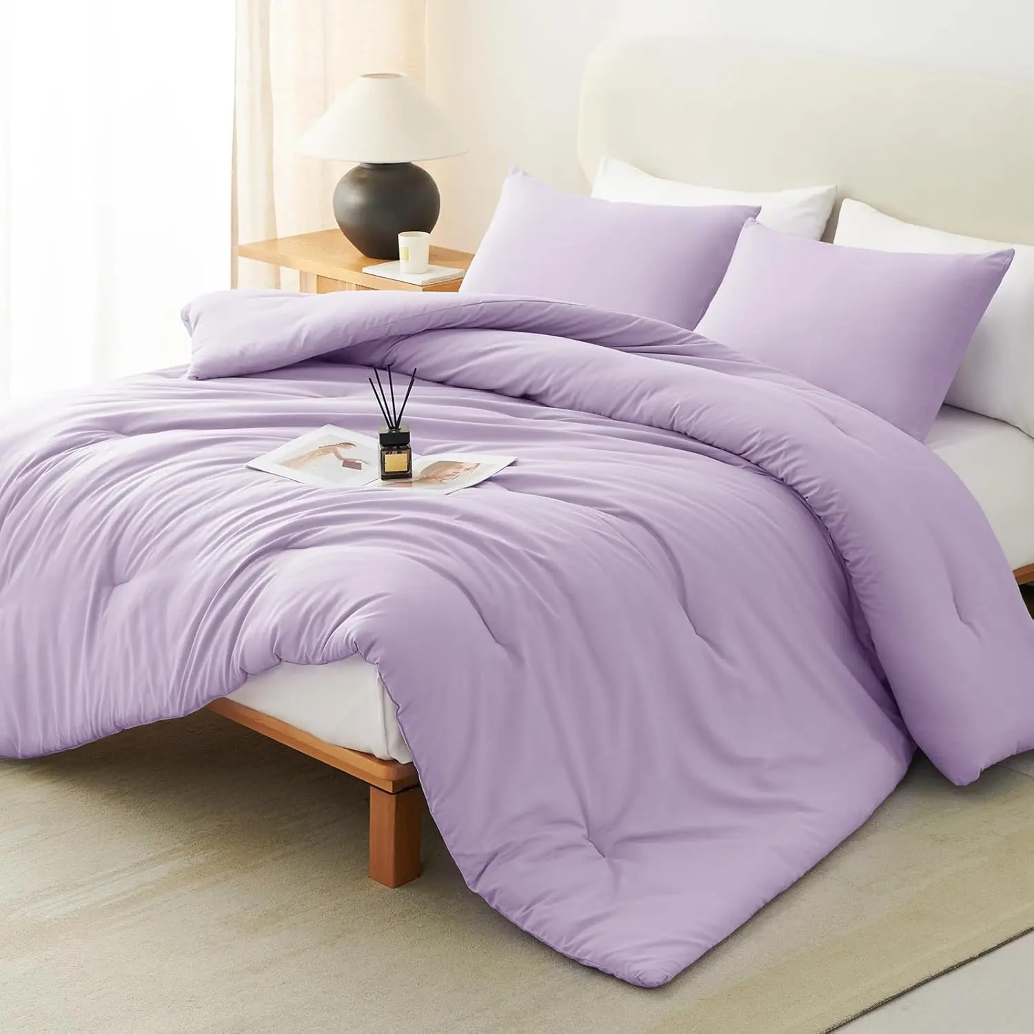 Lavender Queen Comforter Set - 3-Piece Boho Light Purple Quilted Bedding, Fluffy Down-Alternative Comforter with 2 Pillowcases, All-Seasons, Durable, 4 Corner Ties