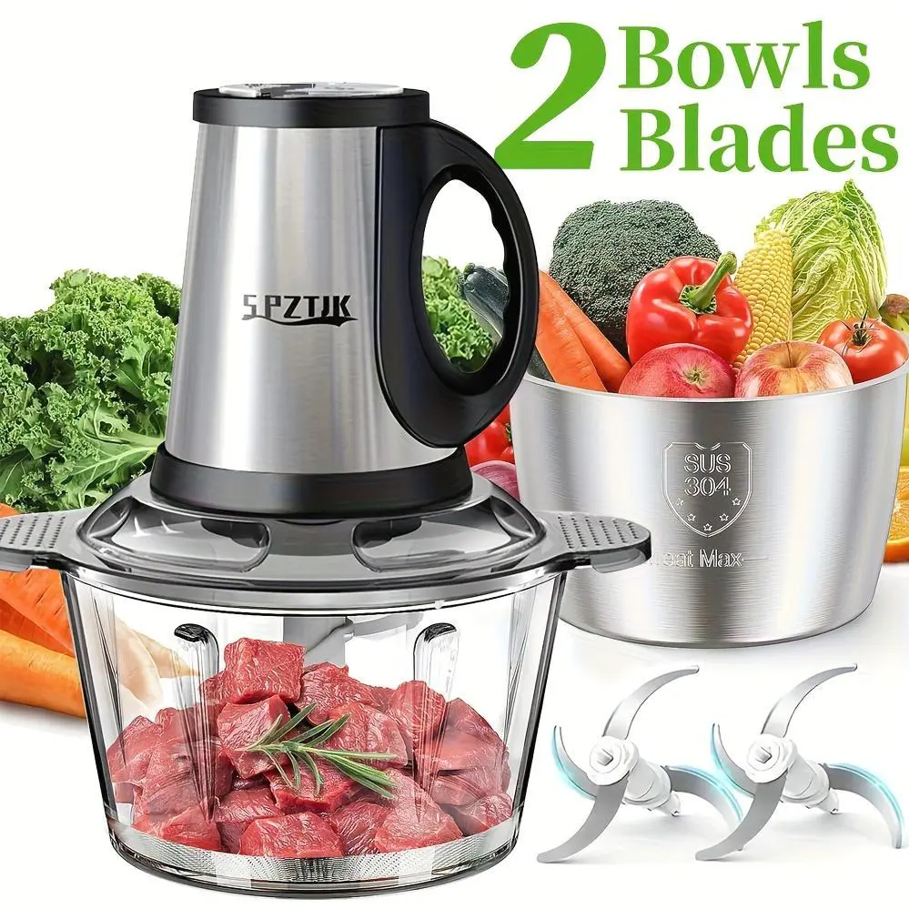 Electric Food Chopper Featuring Two Bowls And Dual-Level Blades, Suitable for Grinding Meats, Preparing Salads, Chopping Nuts, And More. Ideal for Home And Kitchen Use
