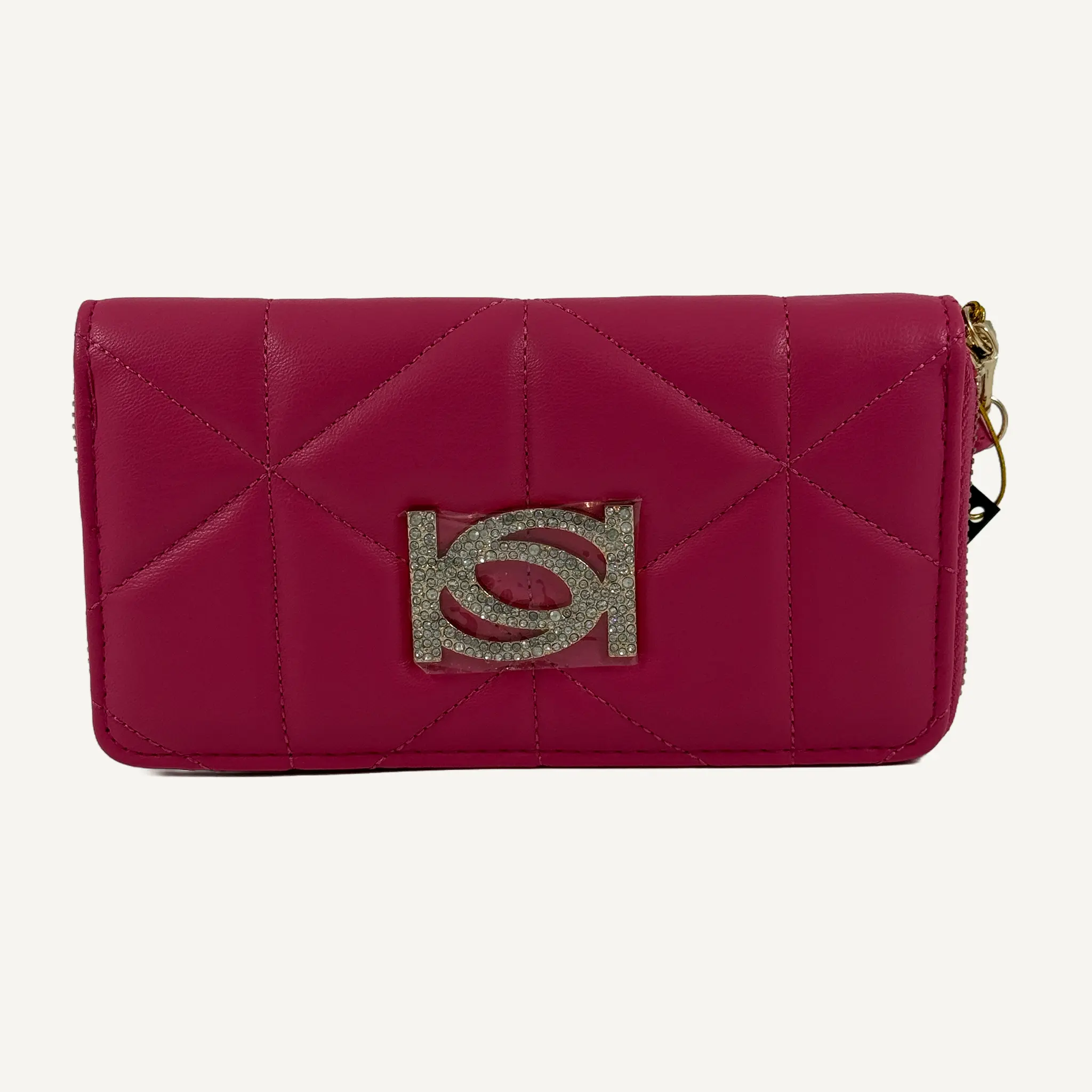 Bebe Women's Bright Pink Studded Quilted Rhinestone Clutch Wallet - Full-Zip Zaza Zip Around Style, Oversized Quilted Paneling, Wristlet Attachment, Multiple Pockets, Evenings, Model ET04-4537, Padded Exterior