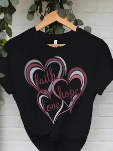 Women'S Faith Hope Heart Interwoven T-Shirt - Soft Breathable Christian Faith-Based Tee with Red Heart Graphic, Everyday Church & Date Night Outfit - Machine Washable All-Season Casual Top, Faithinspired Clothing, Comfortable Fit Shirt, Nonelastic Fabric,