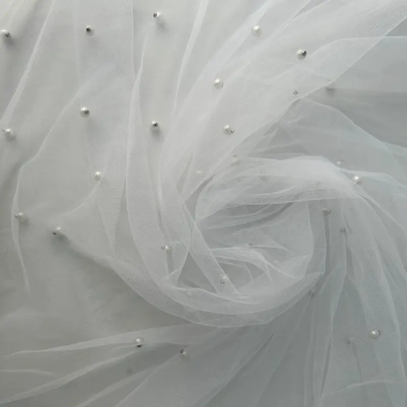 White Mesh Fabric with Delicate Beads for Elegant Design Projects and Special Occasions