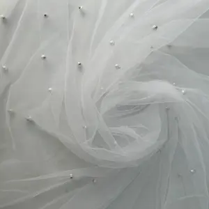 White Mesh Fabric with Delicate Beads for Elegant Design Projects and Special Occasions