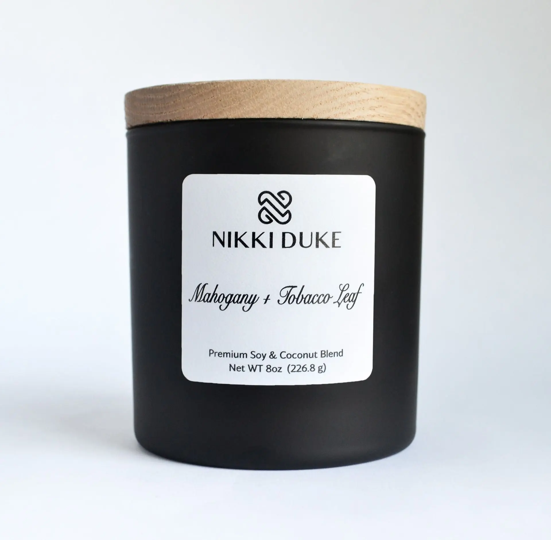 Nikki Duke Mahogany + Tobacco Leaf  8 oz Premium Soy + Coconut Candle