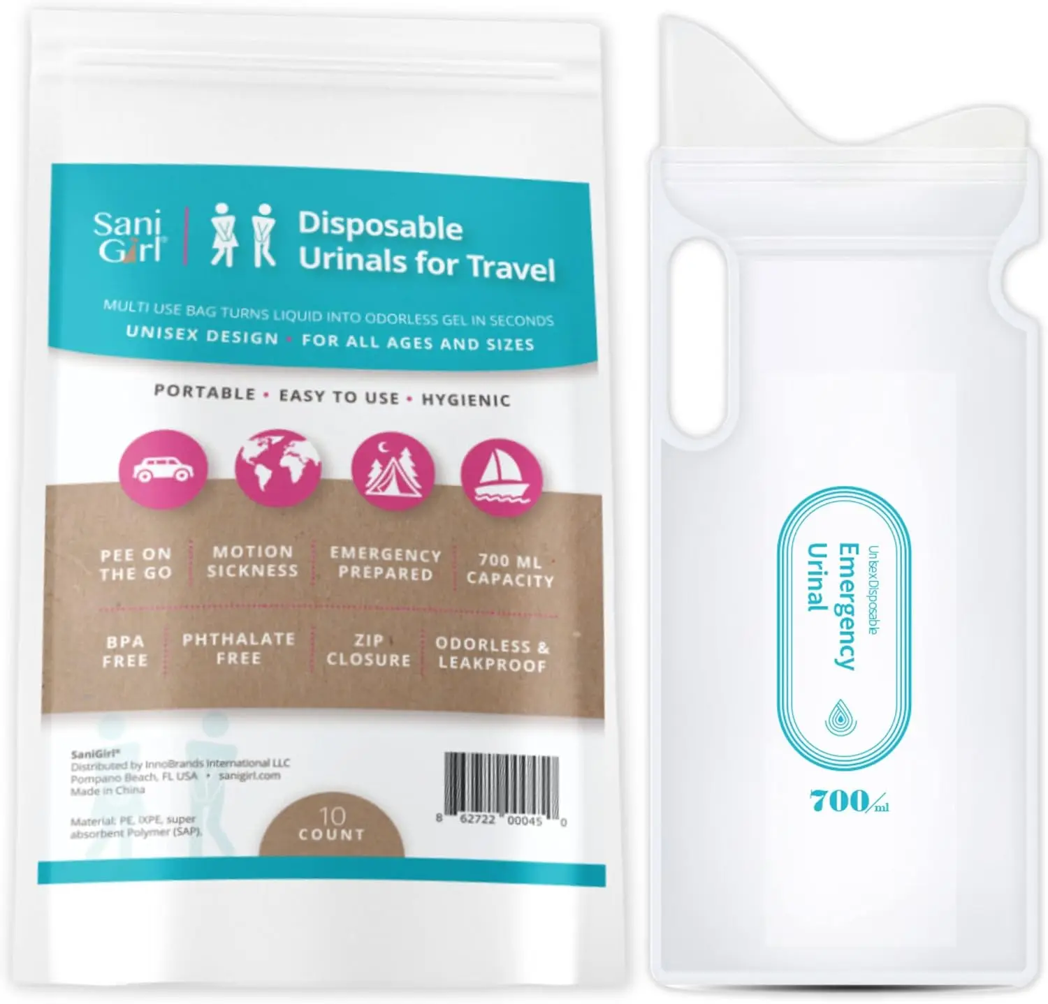 Pee Bags for Travel for Women, Disposable Urine Bags, 10 Pack | Leakproof absorbent gel bags for women, men & kids; ideal for travel, road trips, camping, emergencies & no-restroom moments