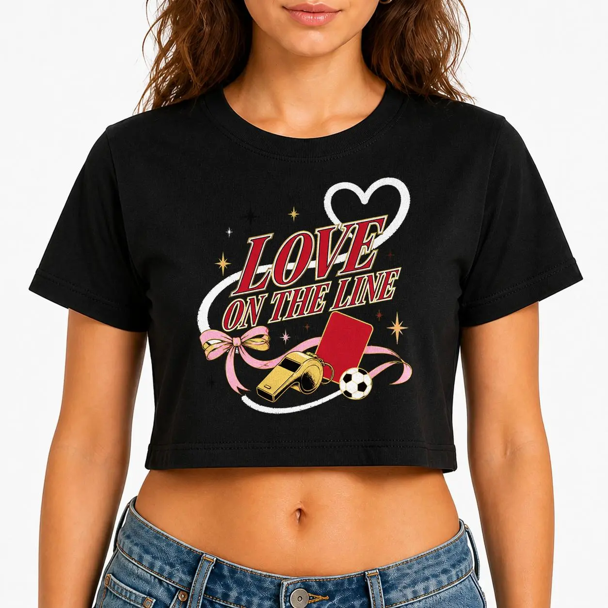 Women's Love on the Line Soccer Referee Crop Top, 100% Cotton Soccer Referee Sport Graphic Tee, Y2K Short Sleeve Shirt Black Breathable