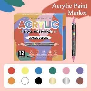 12 Color Classic Acrylic Paint Markers Set, Dual Tip Design, Quick Dry, Vibrant Colors, Suitable for Sketch Paper, Watercolor Paper, Wood, Ceramic