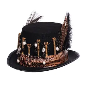 Steam-punk style fedora with feather Gothic goggles and vintage headpiece hat