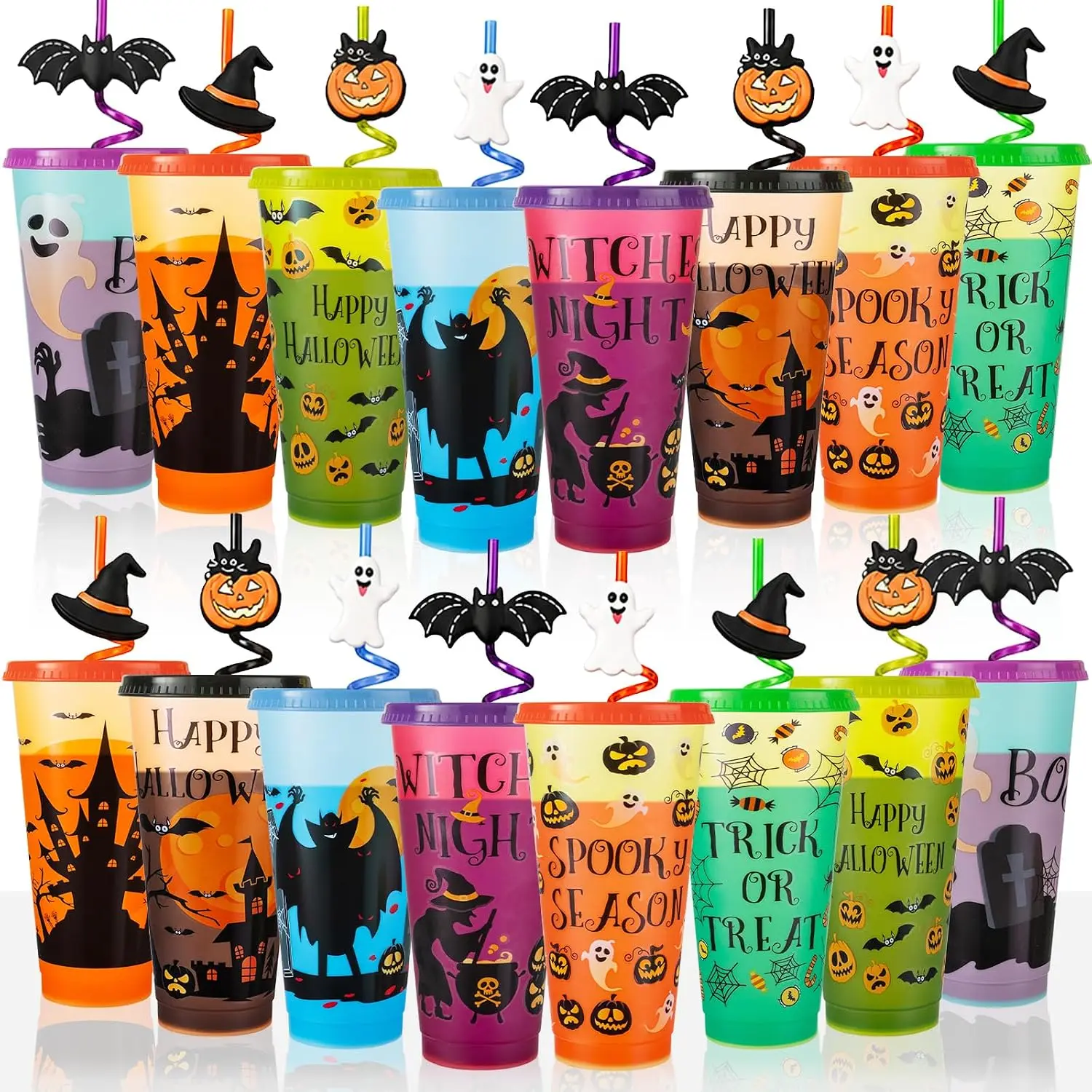 Halloween Color Changing Cups with Lids and Straws, 16 Pack 24 oz Reusable Plastic Tumblers, Halloween Party Cups Bulk Set for Kids & Adults, Spooky Party Decorations Supplies